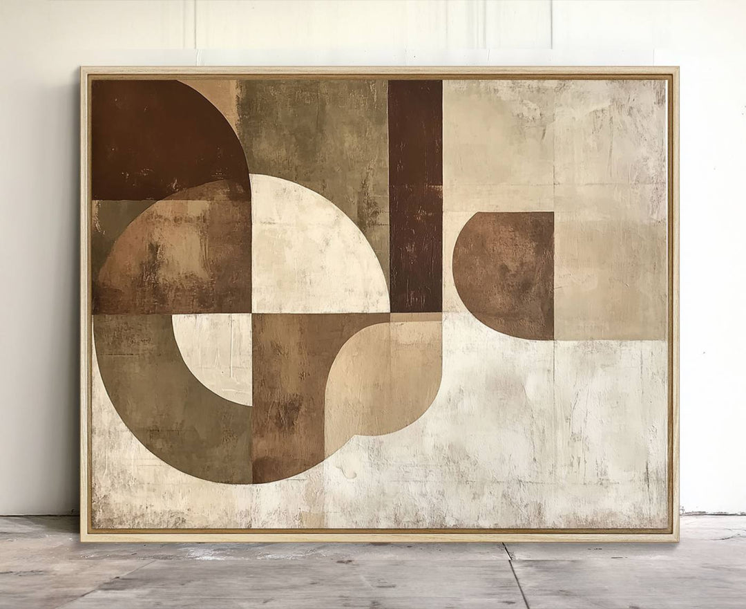 A Wabi Sabi Geometric Minimalist Wall Art Canvas Print—with a modern abstract geometric design in brown and beige tones—stands proudly in front of a house.