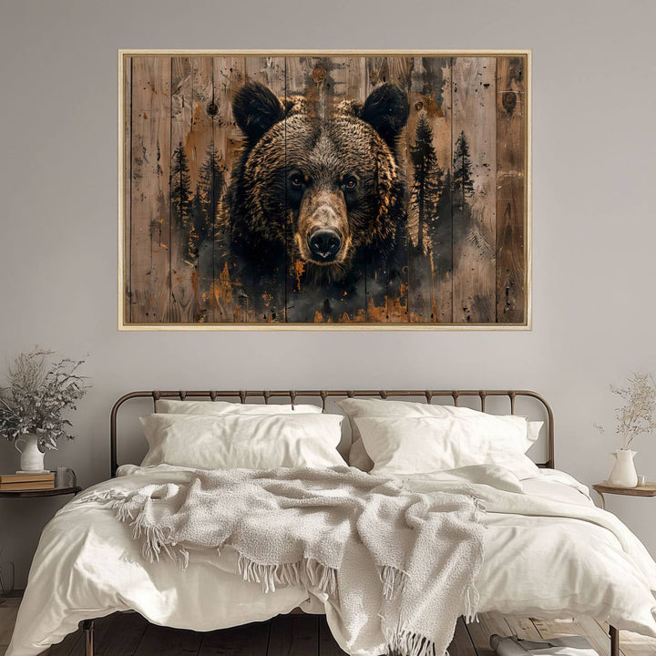 The bedroom showcases the Rustic Grizzly 399 Wall Art, a triptych canvas print that brings woodland charm to the space with its striking depiction of a bear. Elegantly displayed on a wooden wall, it enhances the rustic cabin feel.