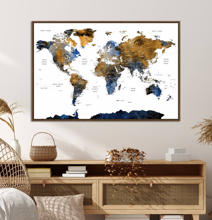 The Watercolor World Map Canvas showcases a grunge-stained background in gold, gray, and blue hues.