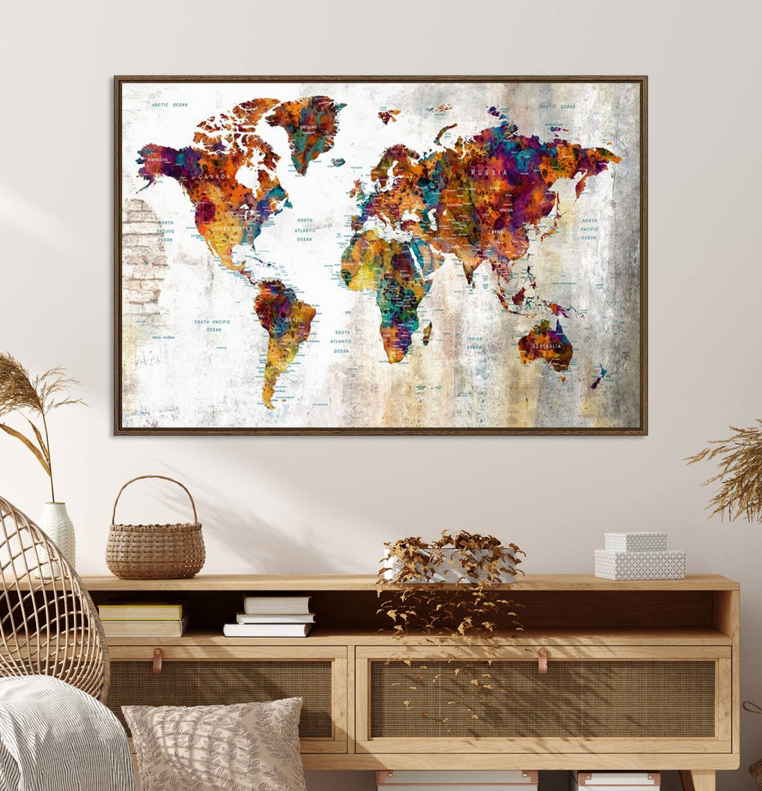 A vibrant Grunge Map Canvas Wall Art Set (3 Panels) for home or office decor, perfect for travel enthusiasts.