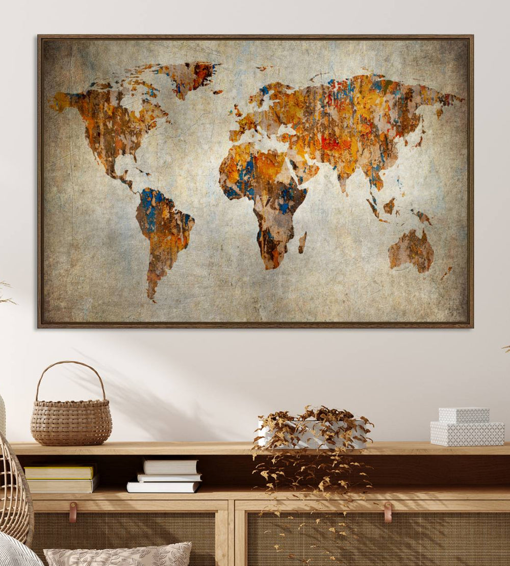 Vintage World Map Canvas Print showcasing an artistic, abstract design in earthy orange, blue, and brown on a grunge-stained background.