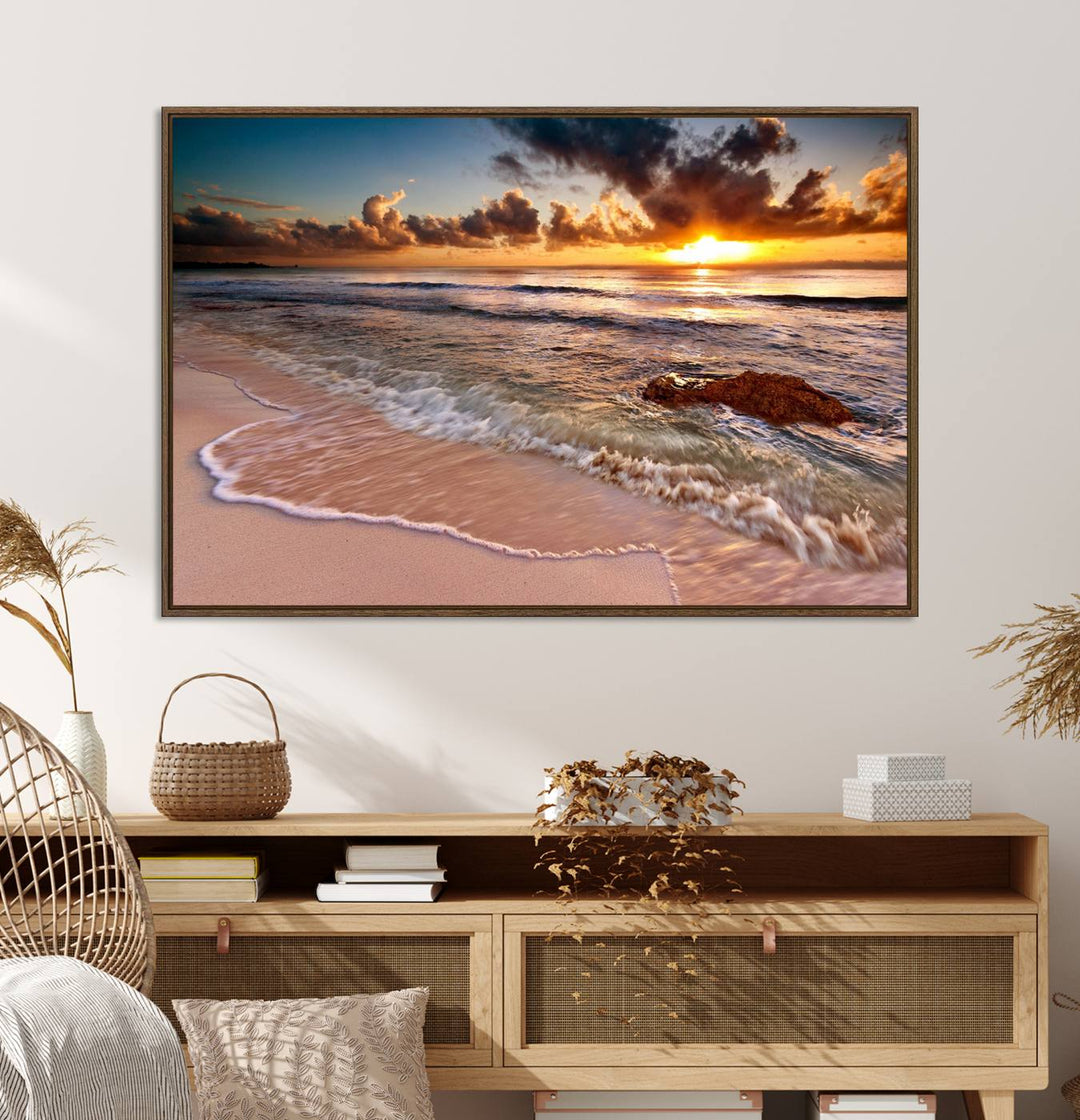 The Sunset on Ocean Wall Art Canvas Print beautifully captures a beach sunset, gentle waves, and a peaceful atmosphere.