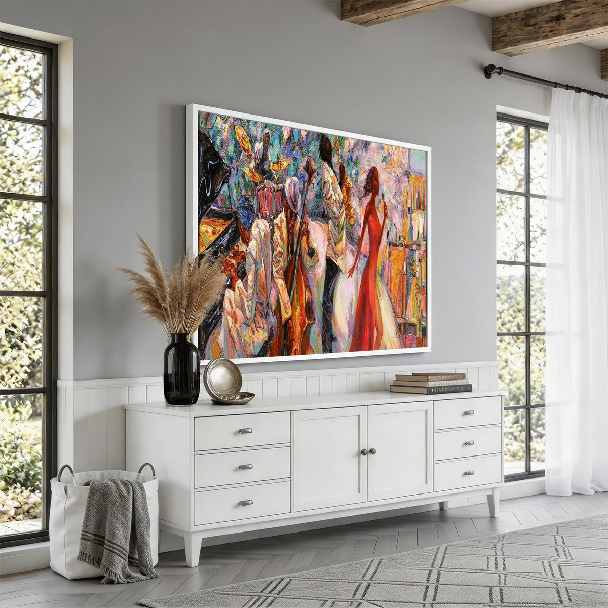 40574-_Poster-30x20 - Afro American Jazz Band Canvas Wall Art | 3 Panel Music Studio Decor