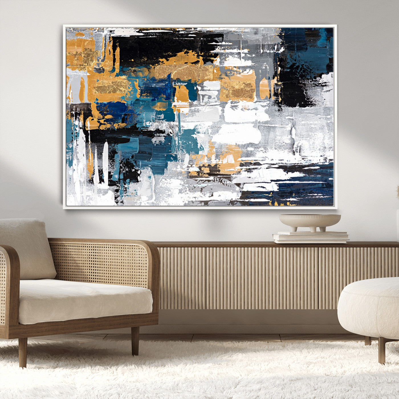 57708-MGV-CV-36X24-Blue and Gold Abstract Canvas Wall Art – Triptych Modern Painting for Living Room – Framed and Ready to Hang