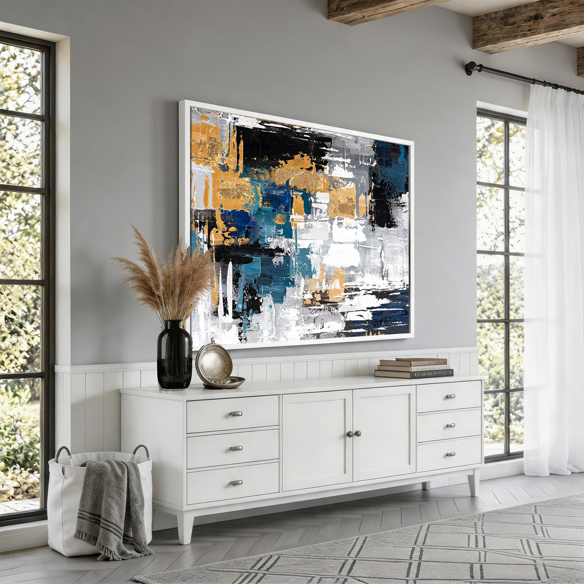 57708-_Poster-30x20 - Blue and Gold Abstract Canvas Wall Art | Triptych Modern Art Print