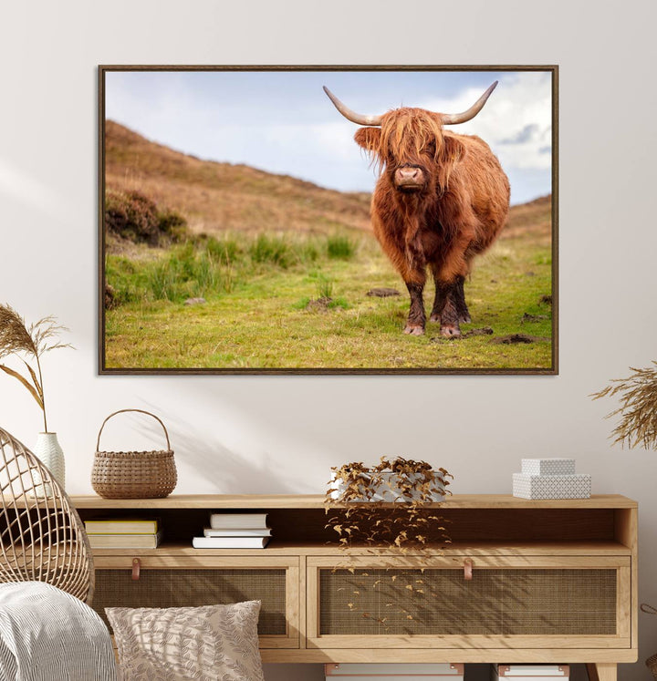 A Highland Cow Animal Canvas Wall Art hangs on the wall, adding warmth to the room.