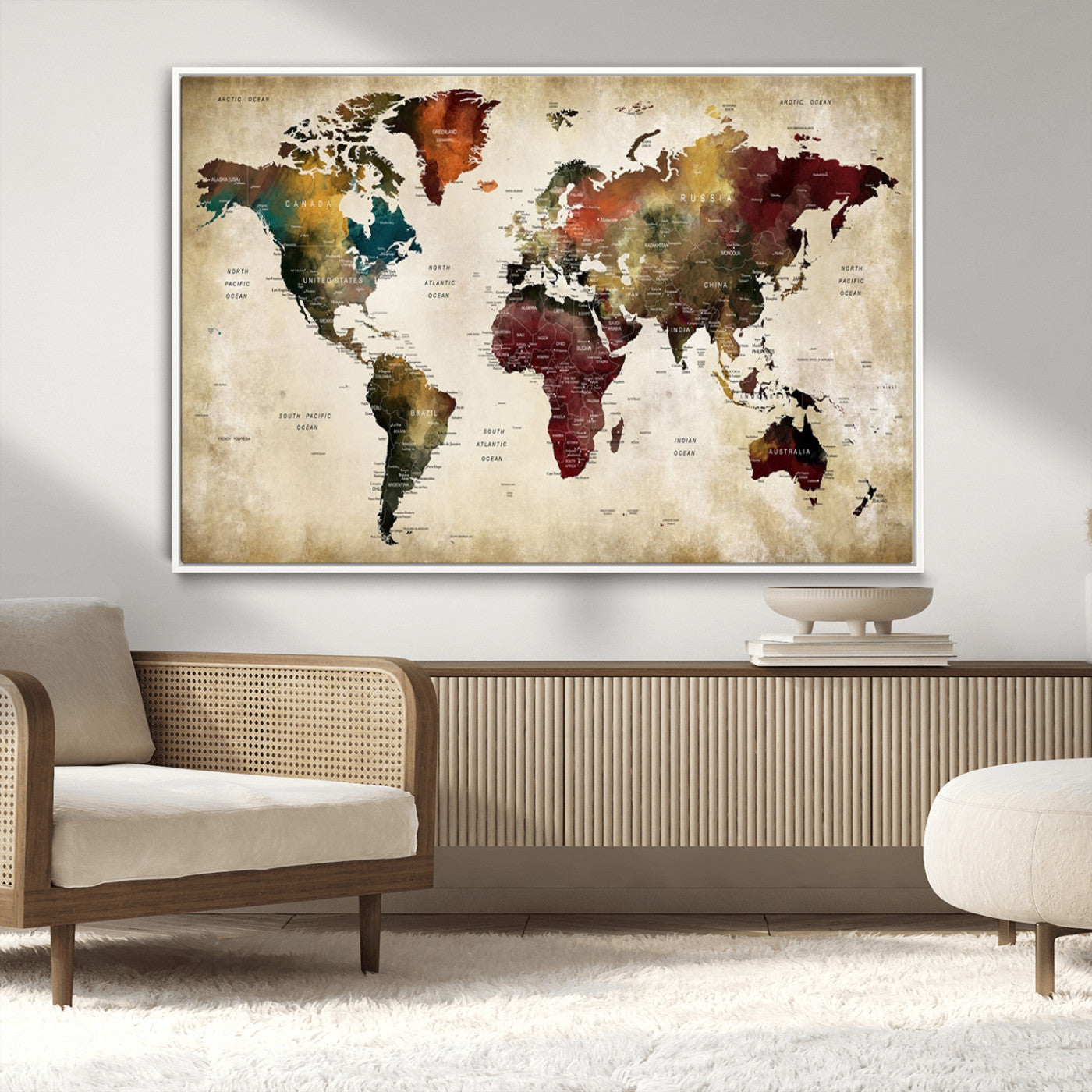MGV-FC-36X24 - Large World Map Wall Art Canvas Print, Framed Push Pin Map Art Picture Print, Abstract Traveller Map Perfect Modern Decor Artwork