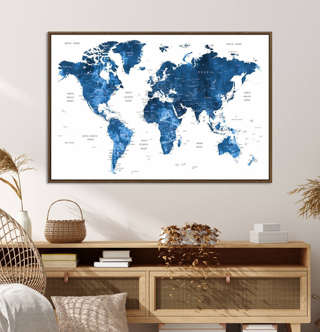 Navy Blue Wall Art World Map Canvas Print, an ideal piece for anyone seeking unique home or office decor.