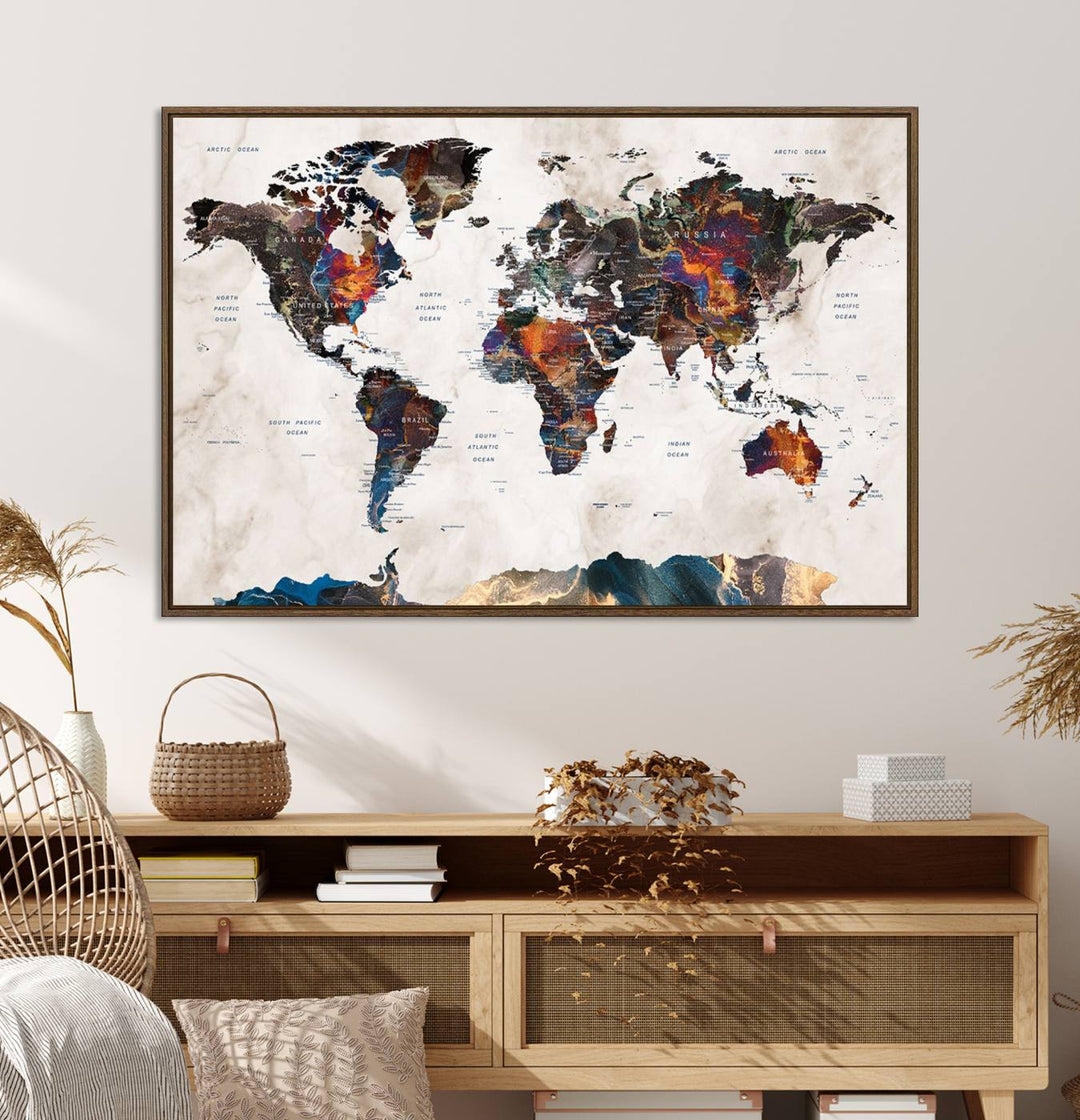 Watercolor World Map Canvas Print in earthy hues with a grunge background, ideal for wall decor.