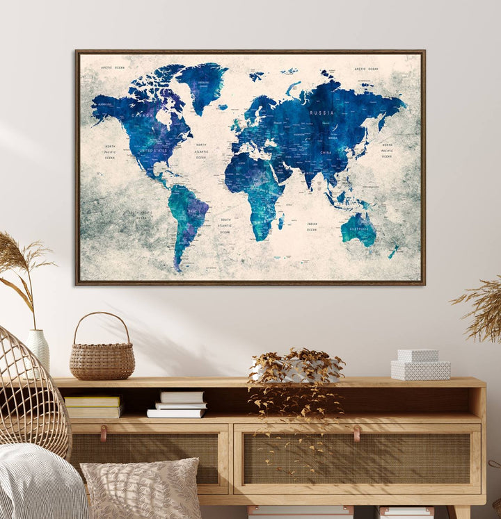 Navy Blue Push Pin World Map Canvas Print featuring a grunge-stained background, with labeled countries and oceans.