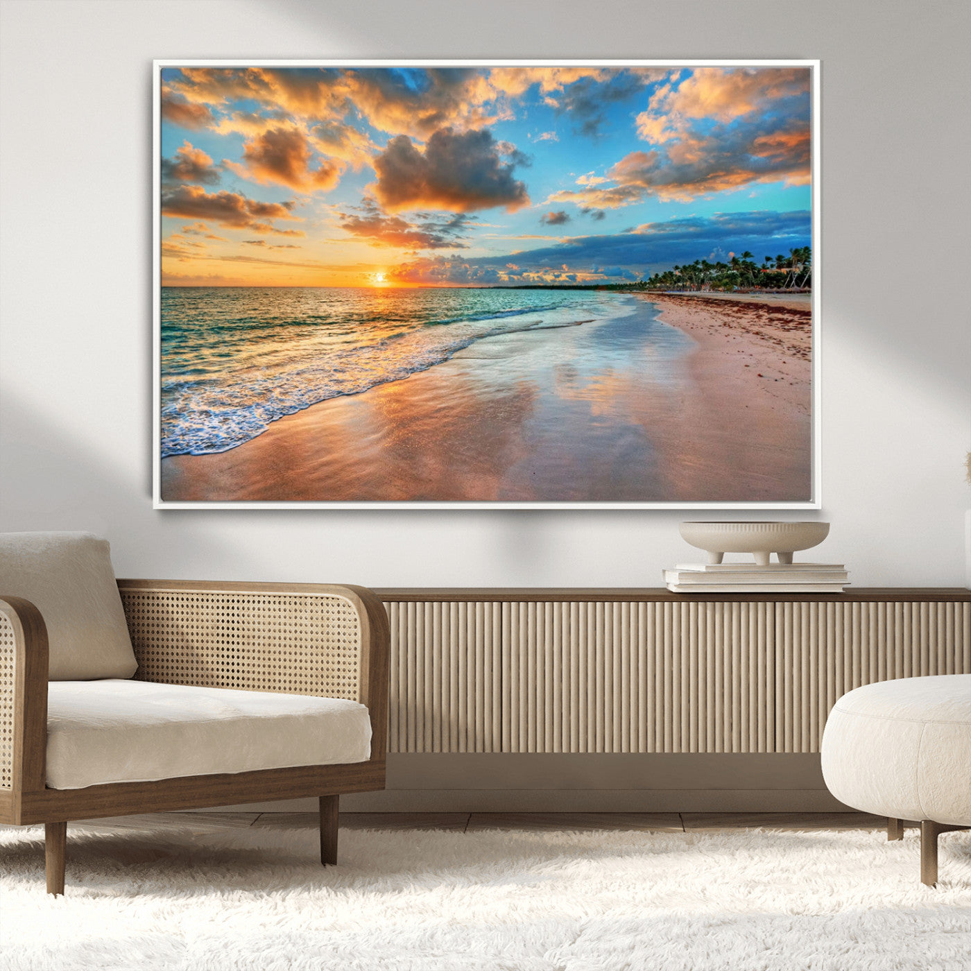 MGV-FC-36X24 - Sunset Ocean Waves on Tropical Beach, 3-Panel Giclee Canvas Art for Coastal Home Decor, Vibrant Palm-Lined Shore