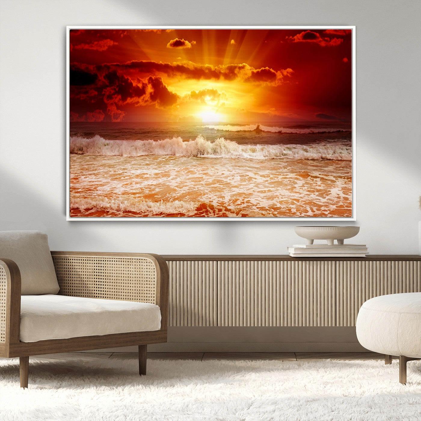 MGV-FC-36X24 - Red Sunset Ocean Beach Canvas Wall Art Beach Canvas, Coastal Sunset Print