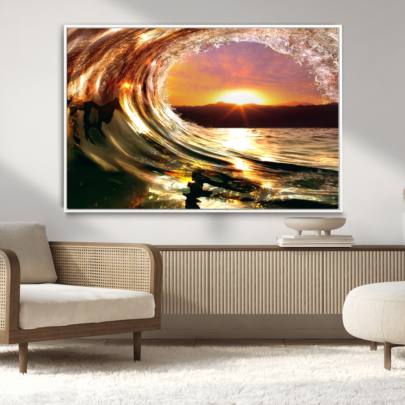 MGV-FC-36X24 - Golden Wave Sunset Triptych Canvas Art, Giclee Canvas Print of Ocean Wave and Sunset, Framed Ocean
