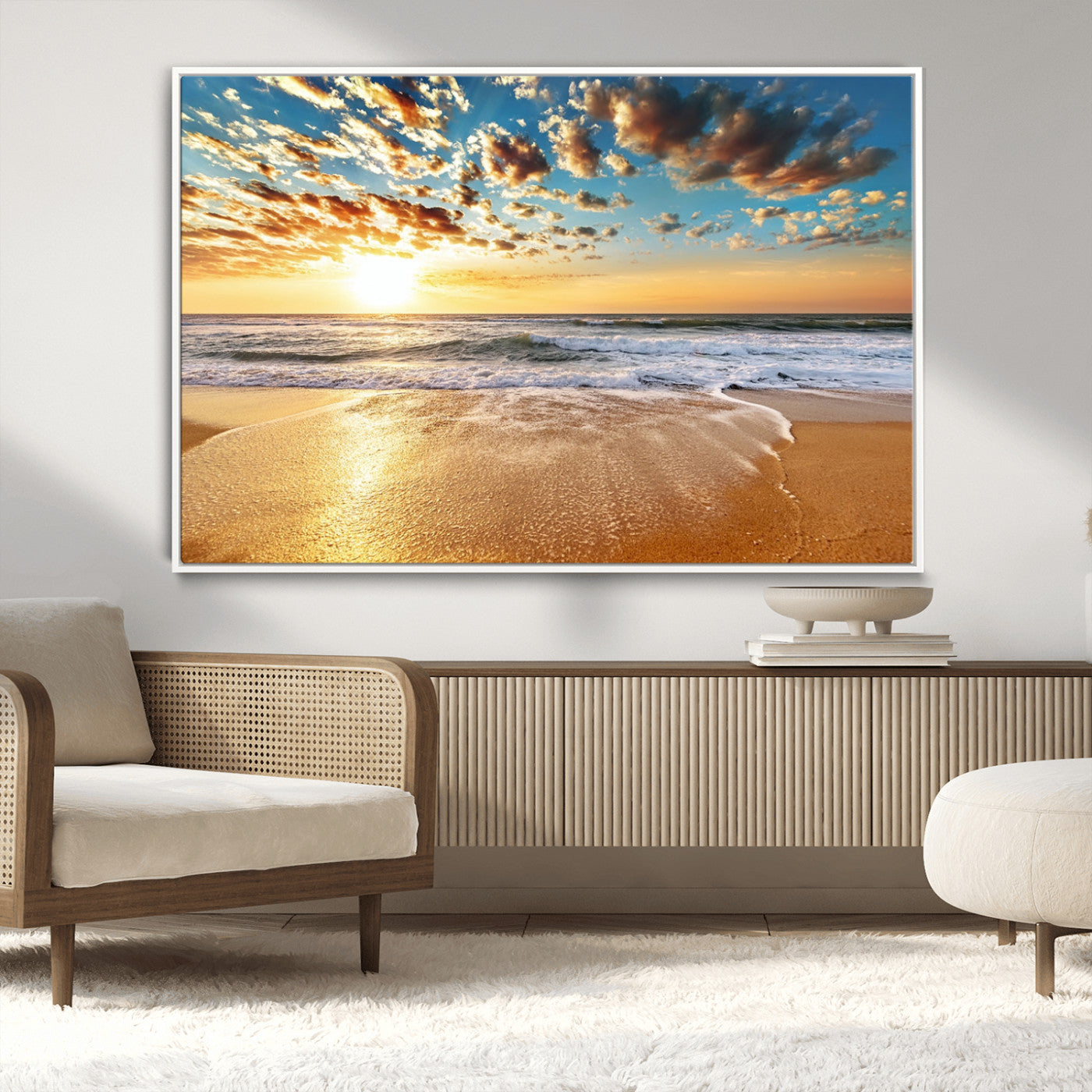 MGV-FC-36X24 - Golden Sunset Beach Print Canvas Wall Art, Giclee Canvas Print with Canon Print Quality, Triptych