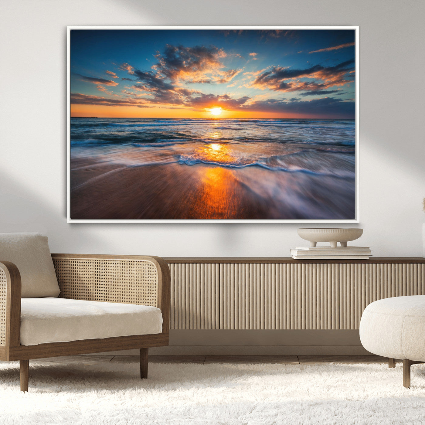 MGV-FC-36X24 - Sunset on the Ocean Beach with Waves, Reflections on Sand, Coastal Wall Art Print, Beach Wall Art,