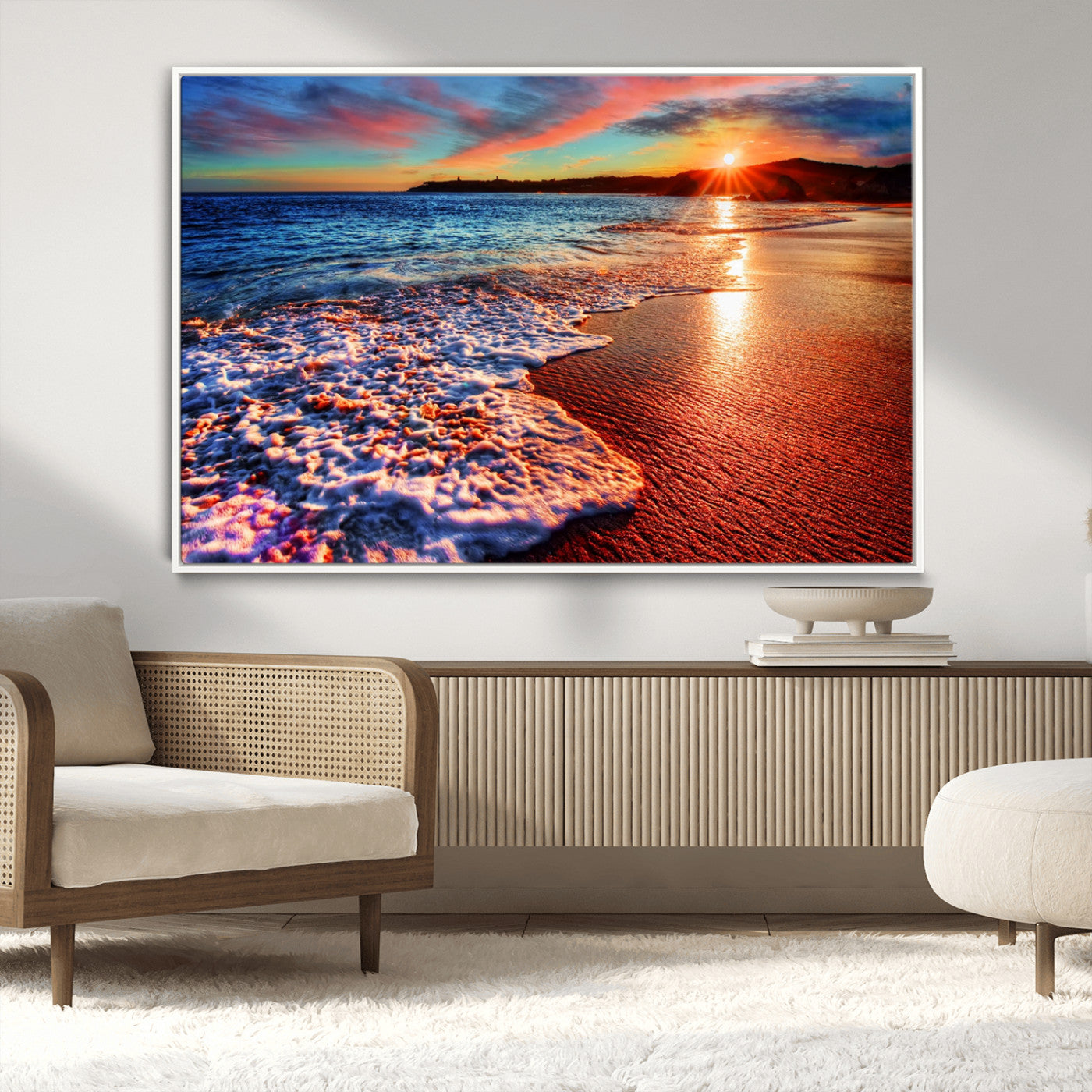 MGV-FC-36X24 - Colorful Coastal Sunset on the Beach Canvas Print, Ocean Waves Crashing at Dusk, Multi-Panel Seascape Vibrant Coastal Wall Art Canvas Print