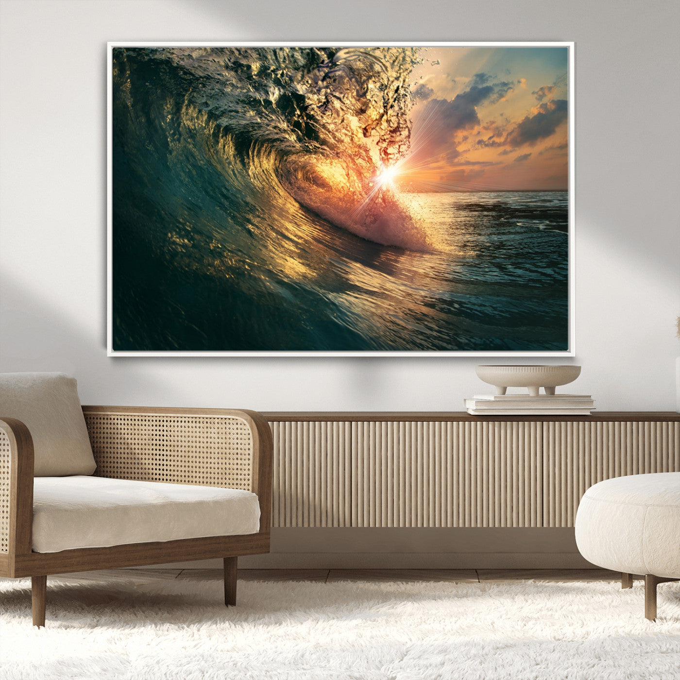 MGV-FC-36X24 - Ocean Wave Sunset Canvas Wall Art – Triptych Seascape Print – Framed and Ready to Hang for Living Room or Office
