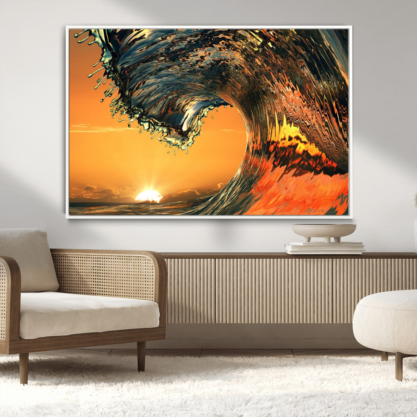 -Surf Wave Sunset Canvas Wall Art Print, 3-Panel Ocean Coastal Wall Art Print, Ocean Decor for