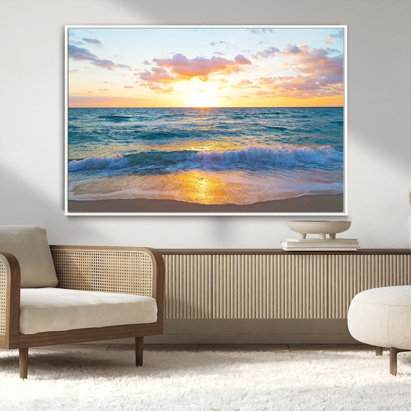 MGV-FC-36X24 - Ocean Sunset Triptych Canvas Wall Art, Giclee Beach Sunset Print with Gentle Waves, Coastal Art for Relaxation Spaces