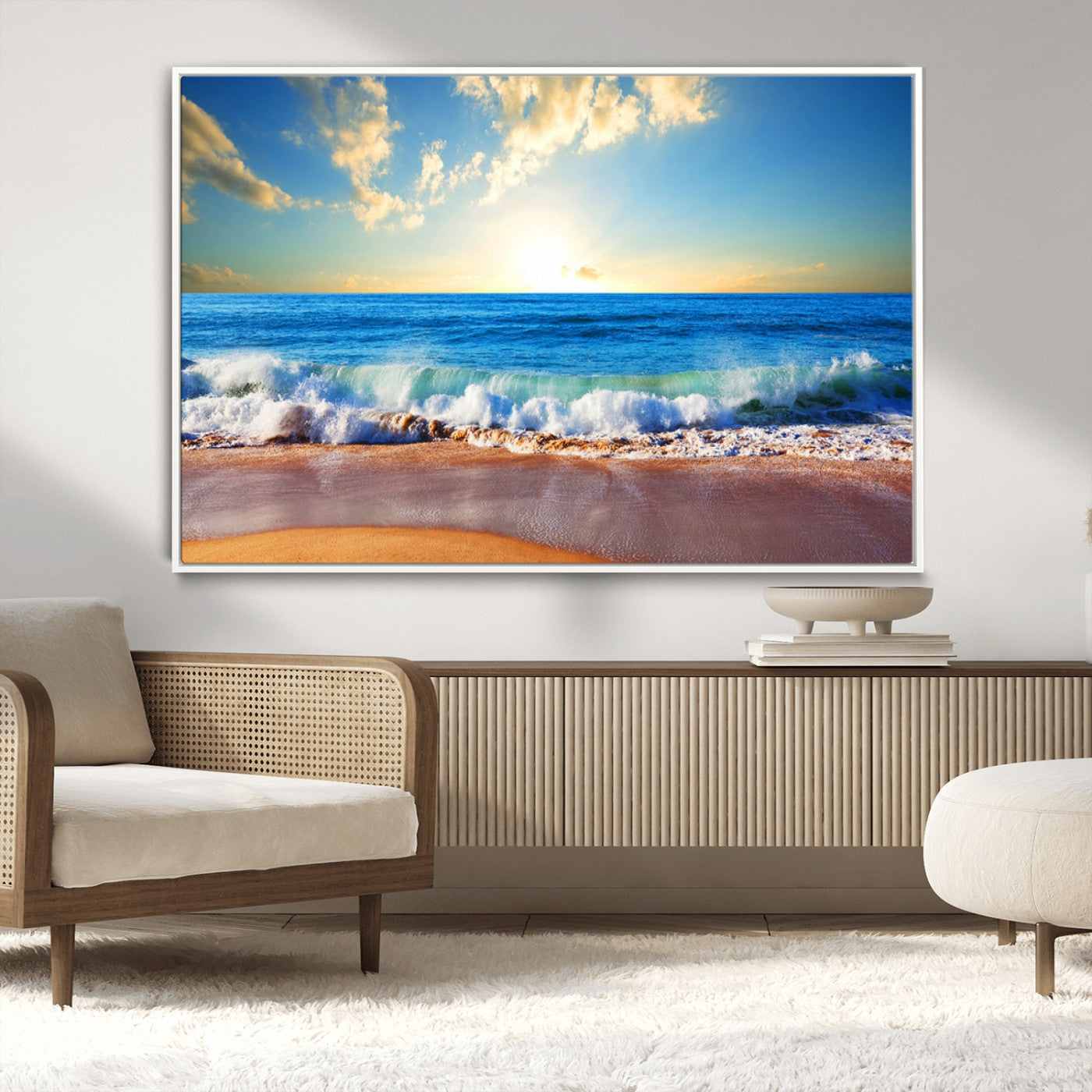 MGV-FC-36X24 - Tropical Beach Sunset Canvas Art, Ocean Waves and Sandy Shoreline Wall Art, Large Beach Decor for Coastal Homes