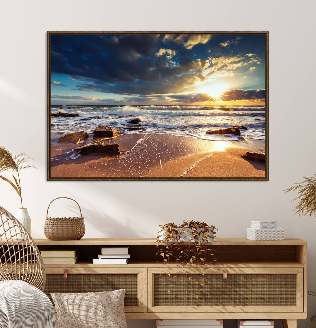 The Golden Hour Beach Sunset triptych adorns the wall with its captivating imagery.