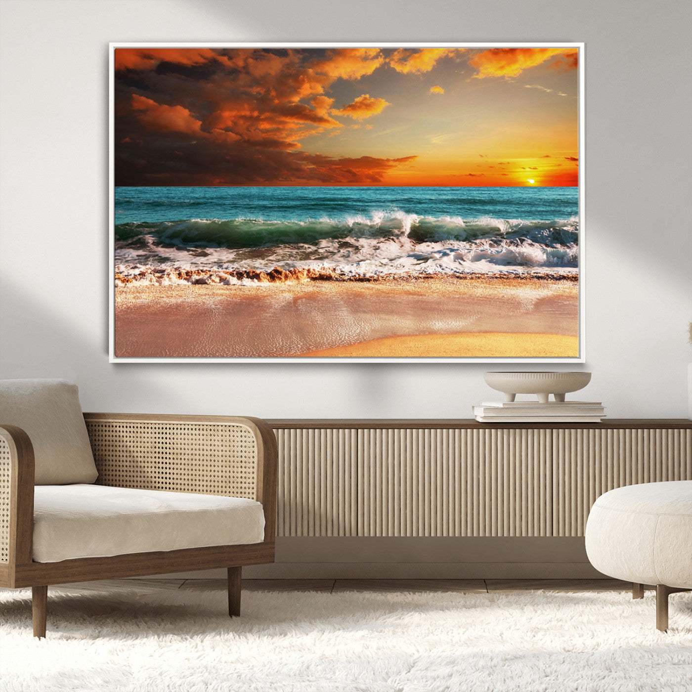 MGV-FC-36X24 - Golden Sunset Beach Canvas Wall Art – Triptych Seascape Print – Framed and Ready to Hang for Living Room or Office