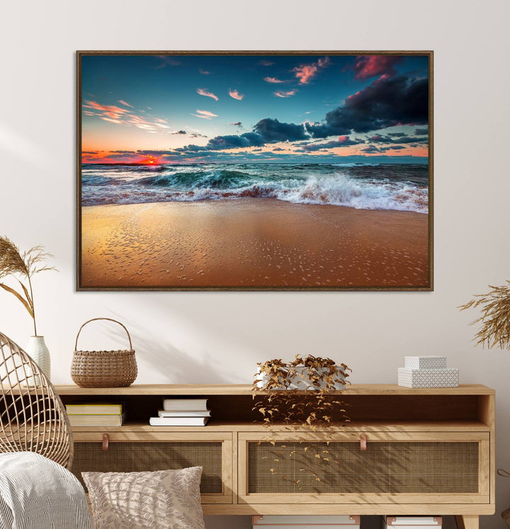 Sunset on Beach Wall Art: Waves under a vibrant sky. Crafted on museum-quality canvas, ready to hang and admire.