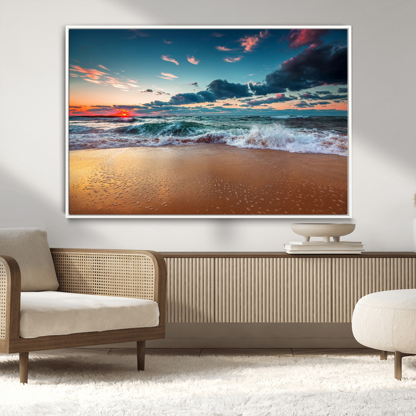 MGV-FC-36X24 - Sunset Ocean Beach Wall Art – Giclee Canvas Print, Coastal Seascape, Ready to Hang, Beach Decor, Large 3-Panel Set for Living Room