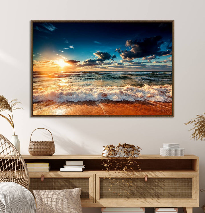 Golden Hour Sunset Over Ocean Waves Canvas: 3-Panel Coastal Landscape Art with Stunning Beach Photography Print.