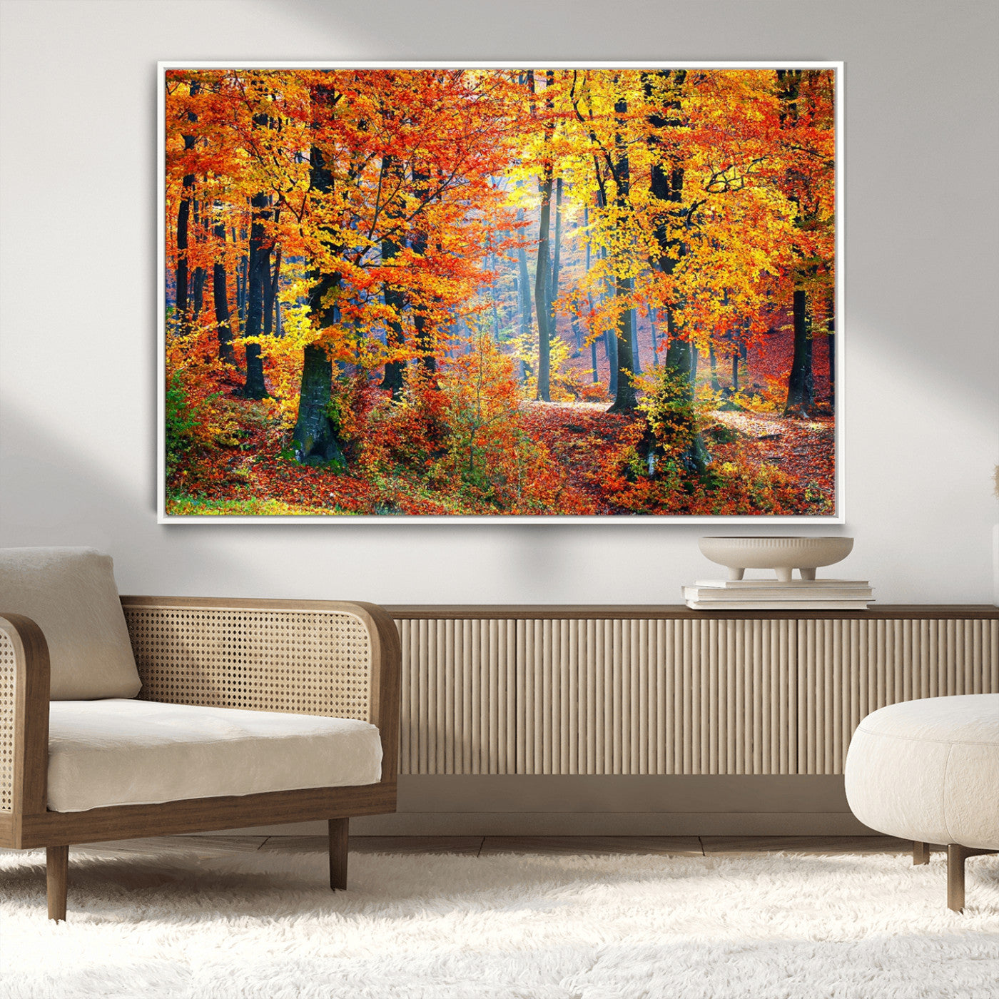 MGV-FC-36X24 - Autumn Red Forest Triptych Canvas Wall Art Print, Forest Wall Decor, Fall Landscape Art | Season Nature Landscape for Home or Office