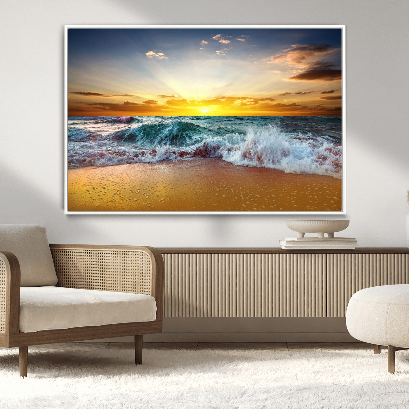 MGV-FC-36X24 - Golden Sunset Ocean Waves Wall Art Canvas Print – Multi Panel Beach Canvas Print Set – Large Coastal Triptych Print for Home or Farmhouse Decor