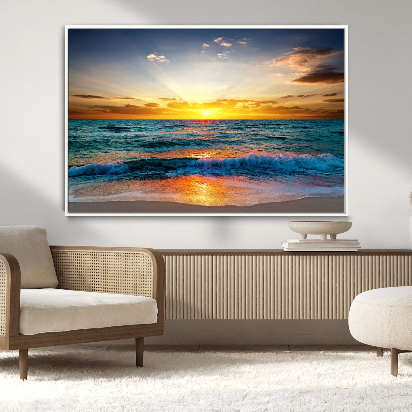 MGV-FC-36X24 - Vibrant Ocean Sunrise Over Golden Beach Waves, Giclee Canvas Wall Art Set, High-Quality Stretched Canvas Print, Ready to Hang Coastal Sunset Wall