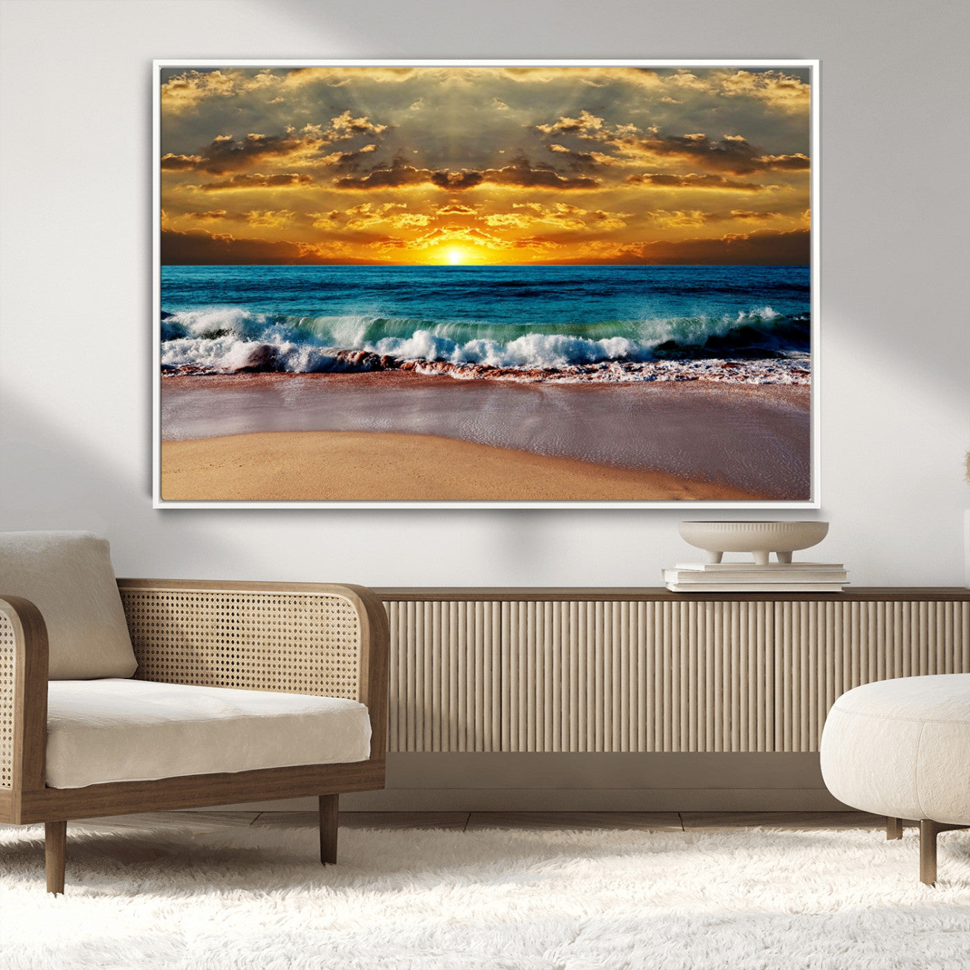 MGV-FC-36X24 - Ocean Sunrise Over Golden Beach Waves, Giclee Canvas Wall Art Set, High-Quality Stretched Canvas Print, Ready to Hang Coastal Sunset Wall Decor