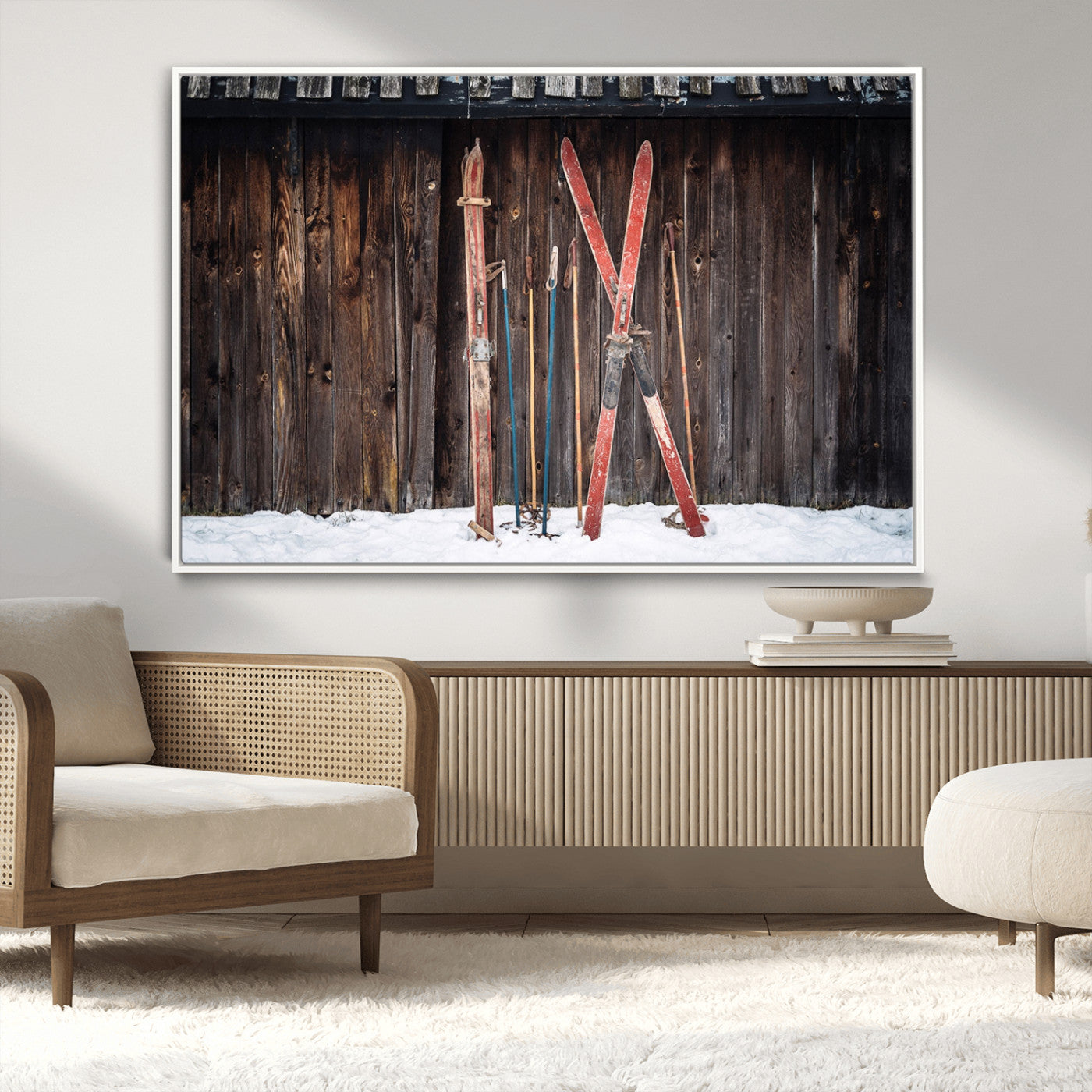 MGV-FC-36X24 - Vintage Ski Gear Against Wooden Cabin Wall, Rustic Winter Sports Equipment Canvas Print, Ready to Hang Wall Art, Perfect for Lodge or Ski Cabin Decor