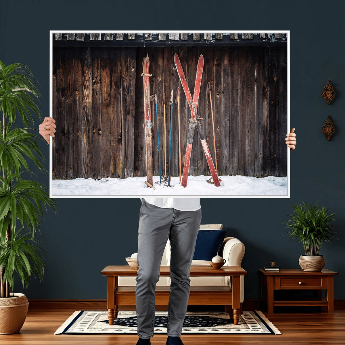 78590-MGV-CV-36X24 - Vintage Ski Gear Canvas Print, Vintage Ski Gear Against Wooden Cabin Wall