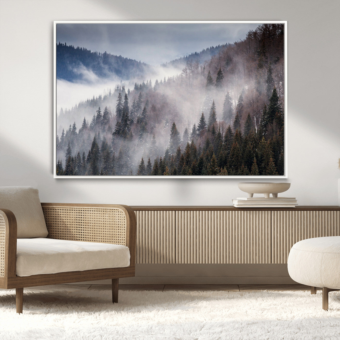 MGV-FC-36X24 - Beautiful Rising Fog in Winter Mountain Landscape - Framed Rising Fog in Winter Mountain Canvas