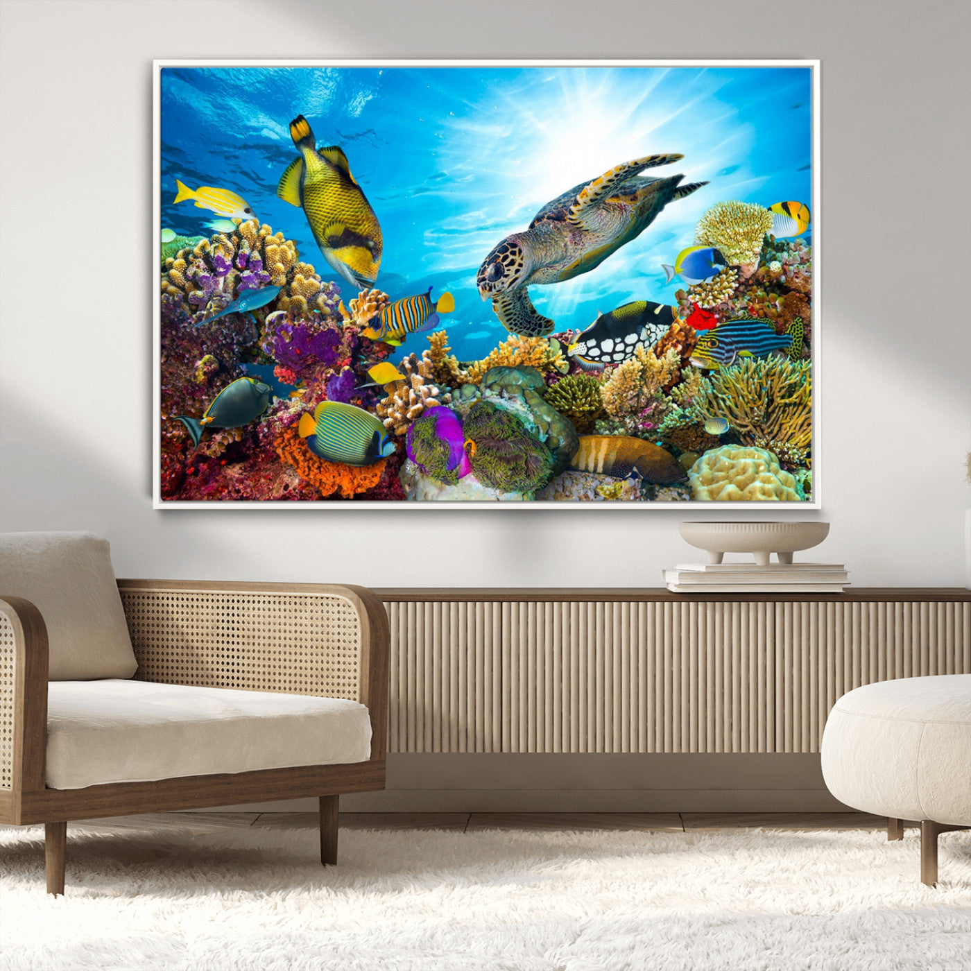 MGV-FC-36X24 - Sea Turtle Coral Reef Wall Art Print – Colorful Underwater Canvas Print – Tropical Ocean Marine Life Artwork – Perfect for Coastal Home Decor
