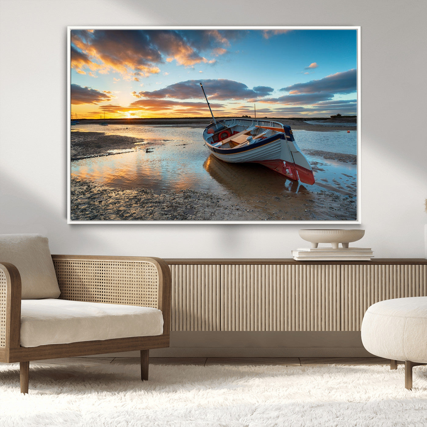 MGV-FC-36X24 - Small Boat At The Beach Sunset Wall Art, Boat Sunset Wall Art Canvas Print