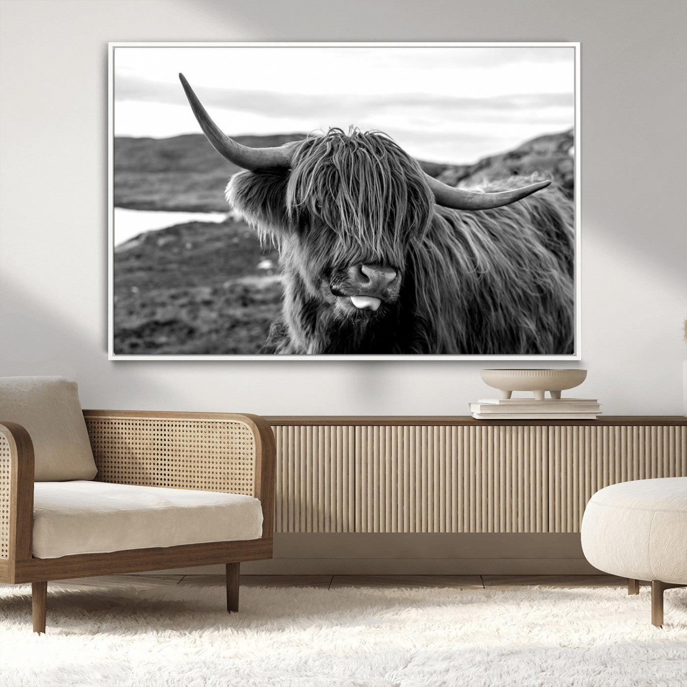 MGV-FC-36X24 - Highland Cow Canvas Wall Art – Black and White Animal Portrait – Framed and Ready to Hang Rustic Farmhouse Decor for Living Room or Office