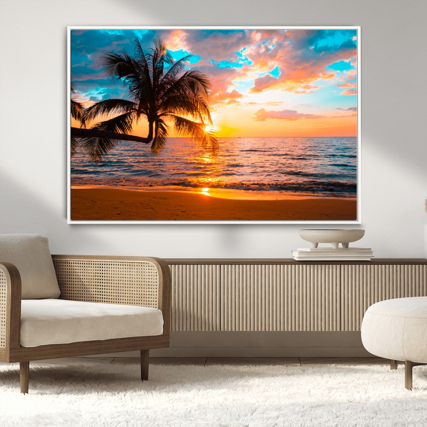 -Palm Tree Sunset On The Beach Wall Art Canvas, Framed Palm Tree Sunset Canvas Print