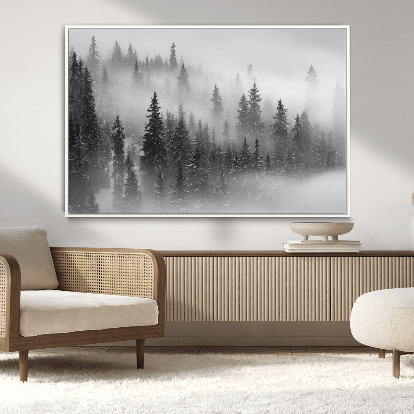 MGV-FC-36X24 - Black and White Forest Wall Art Print – Misty Pine Tree Canvas Print – Winter Woodland Nature Artwork – Perfect for Minimalist Home Decor