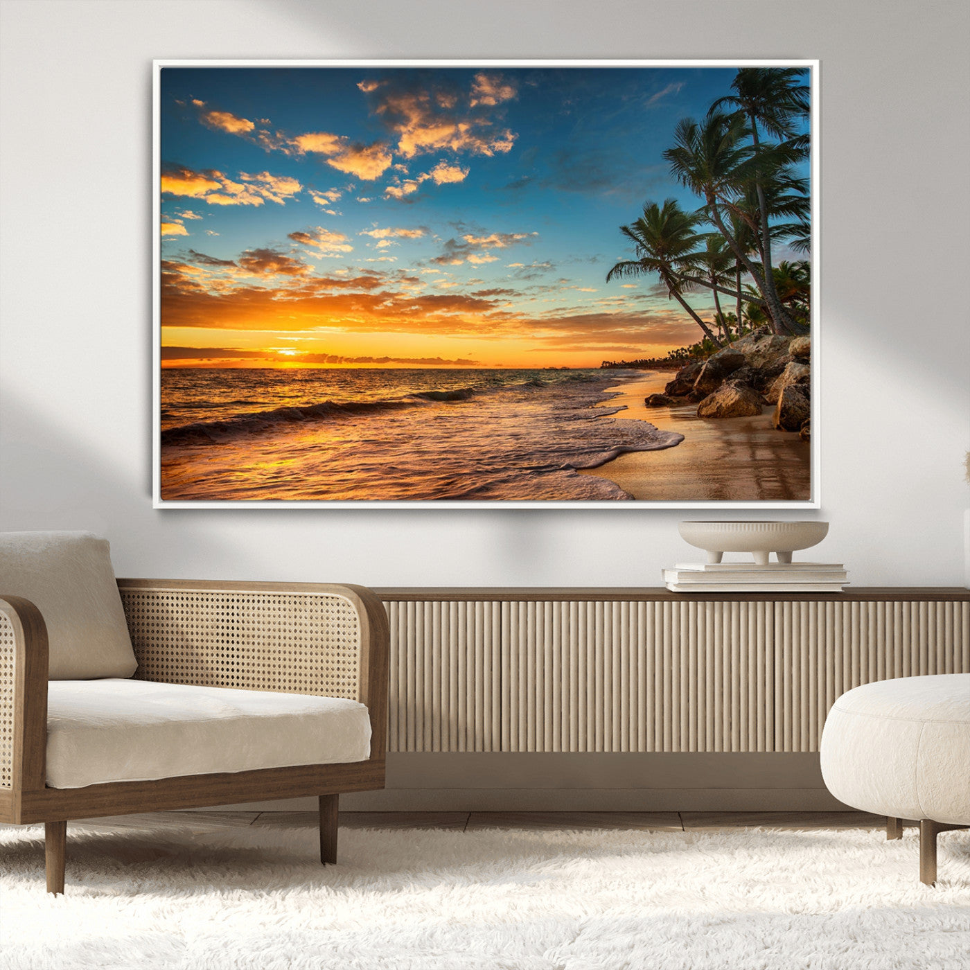 MGV-FC-36X24 - Tropical Beach Sunset Wall Art Print – Palm Tree Coastal Canvas Print – Ocean Seascape Artwork – Perfect for Tropical Modern Home Decor