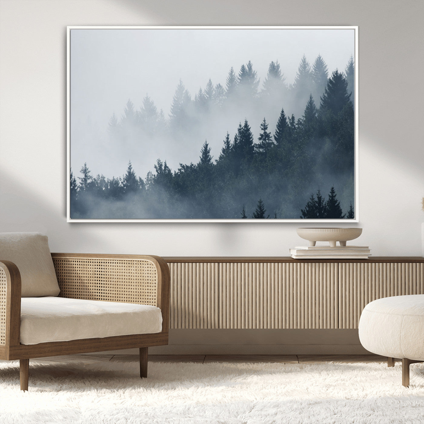 MGV-FC-36X24 - Misty Forest Wall Art Print – Foggy Pine Tree Canvas Print – Dark Woodland Nature Artwork – Perfect for Minimalist and Modern Home Decor