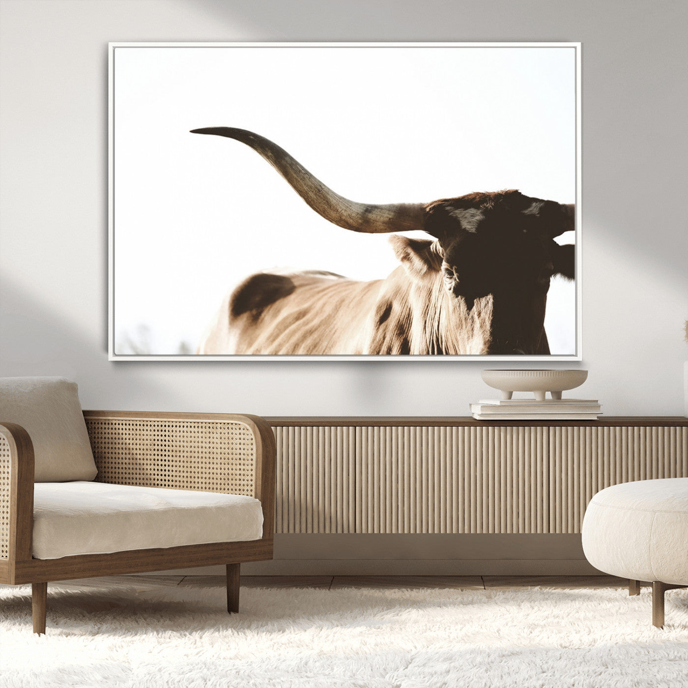 MGV-FC-36X24 - Texas Longhorn Wall Art Canvas Print | 3-Panel Large Longhorn Canvas Print for Living Room, Framed Gallery Wrap Office, Rustic Western Cowboy Decor