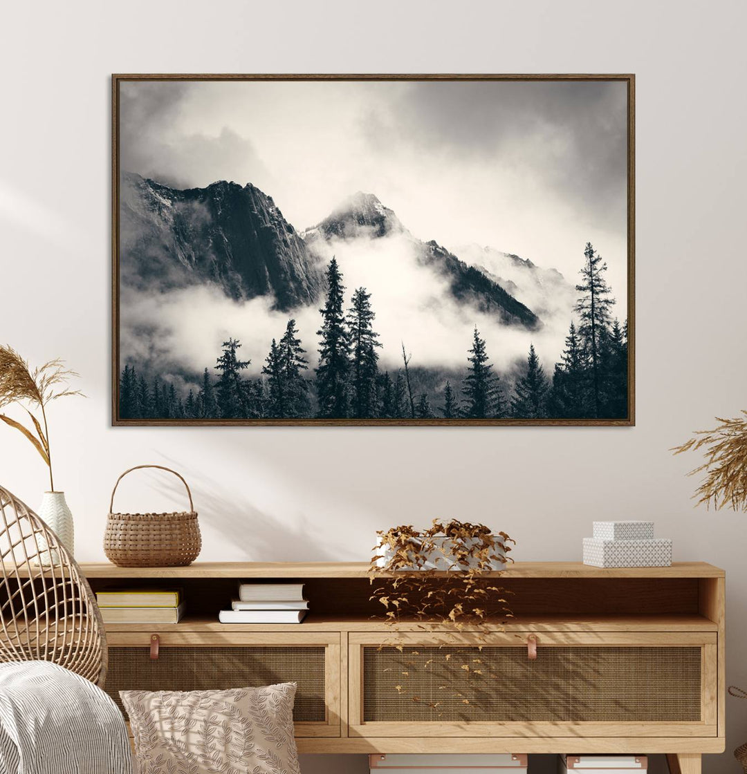 Forest Mountain Print - Black and White Canvas.