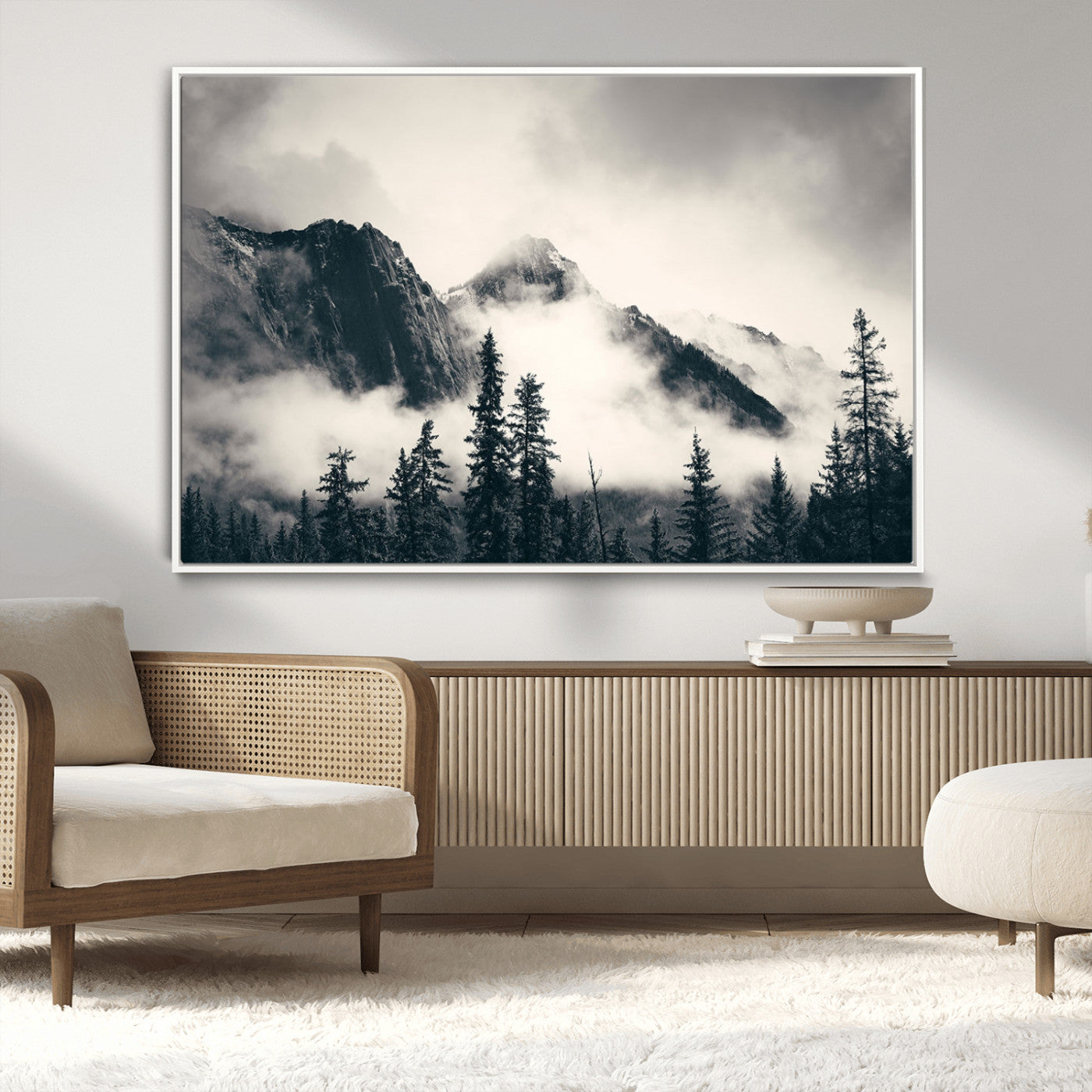 MGV-FC-36X24 - Large Foggy Mountain Forest Wall Art Canvas Print | Misty Mountain Peaks and Pine Trees Print | Framed Gallery Wrap | Rustic Nature Farmhouse Decor