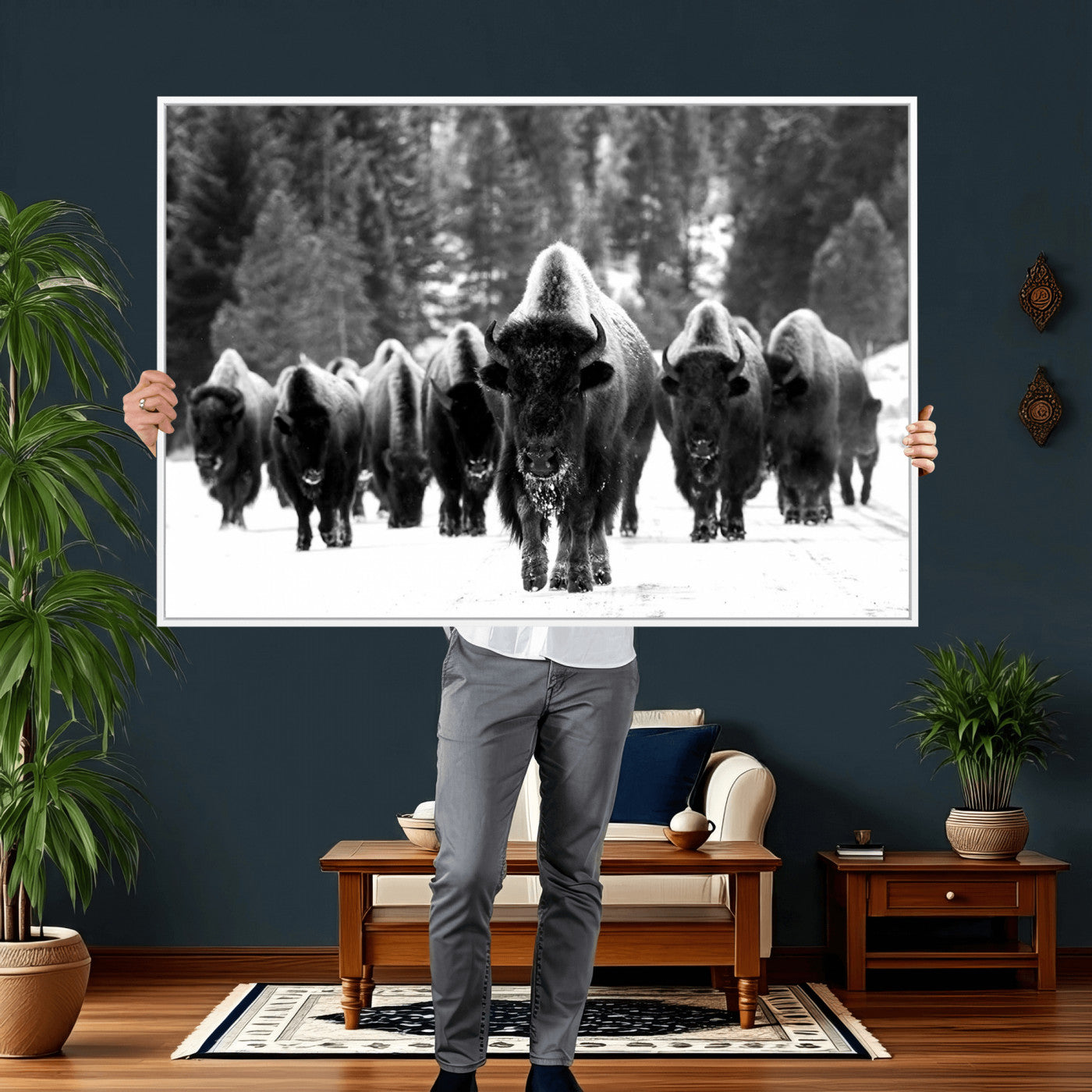62434-MGV-CV-36X24 - Bison Herd in Snow Wall Art Canvas Print | Rustic Western Bison Wall Art for Decor for Living Room