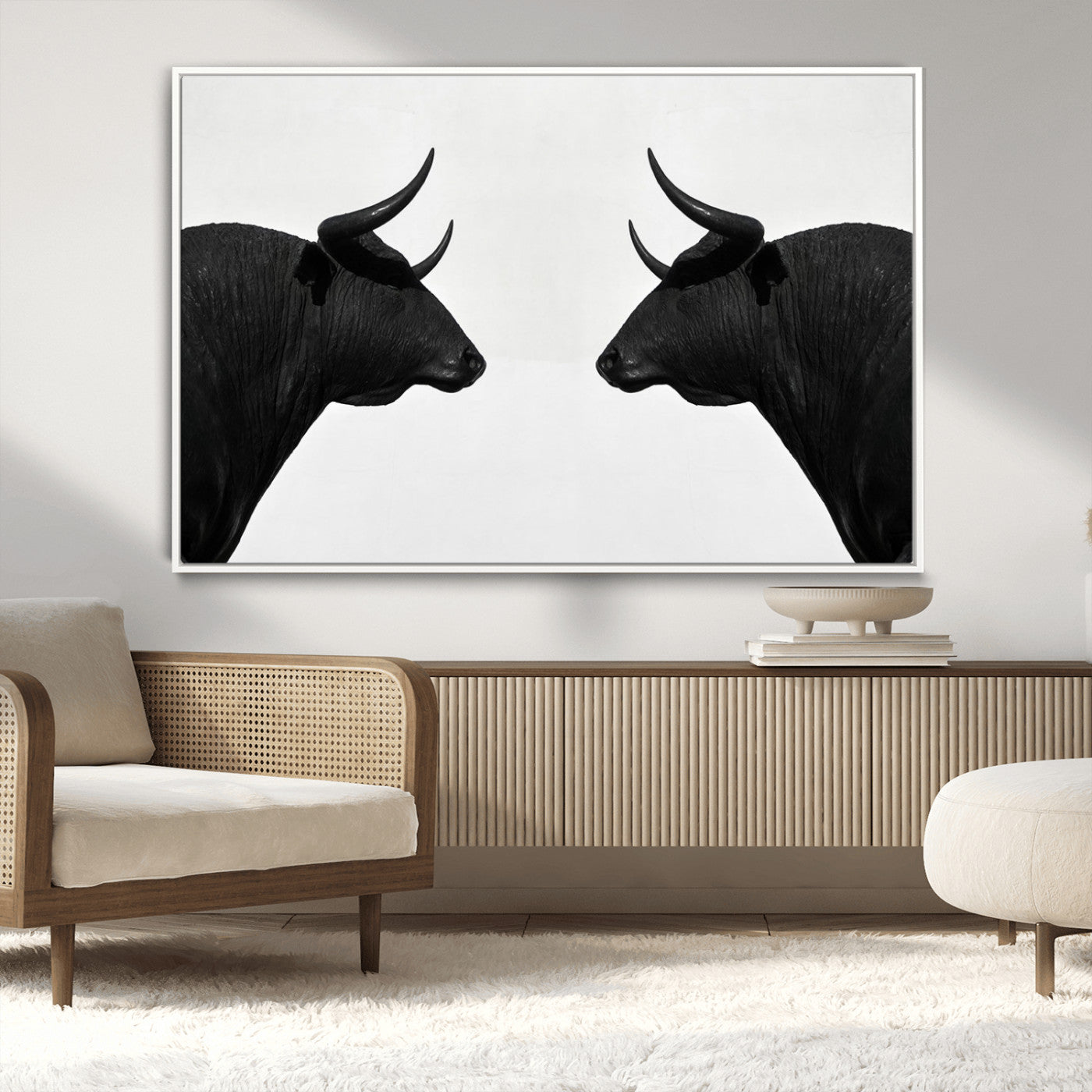 -Spanish Bull Art - Framed Black and White Bull Canvas Print for Modern Rustic Home or Office Decor