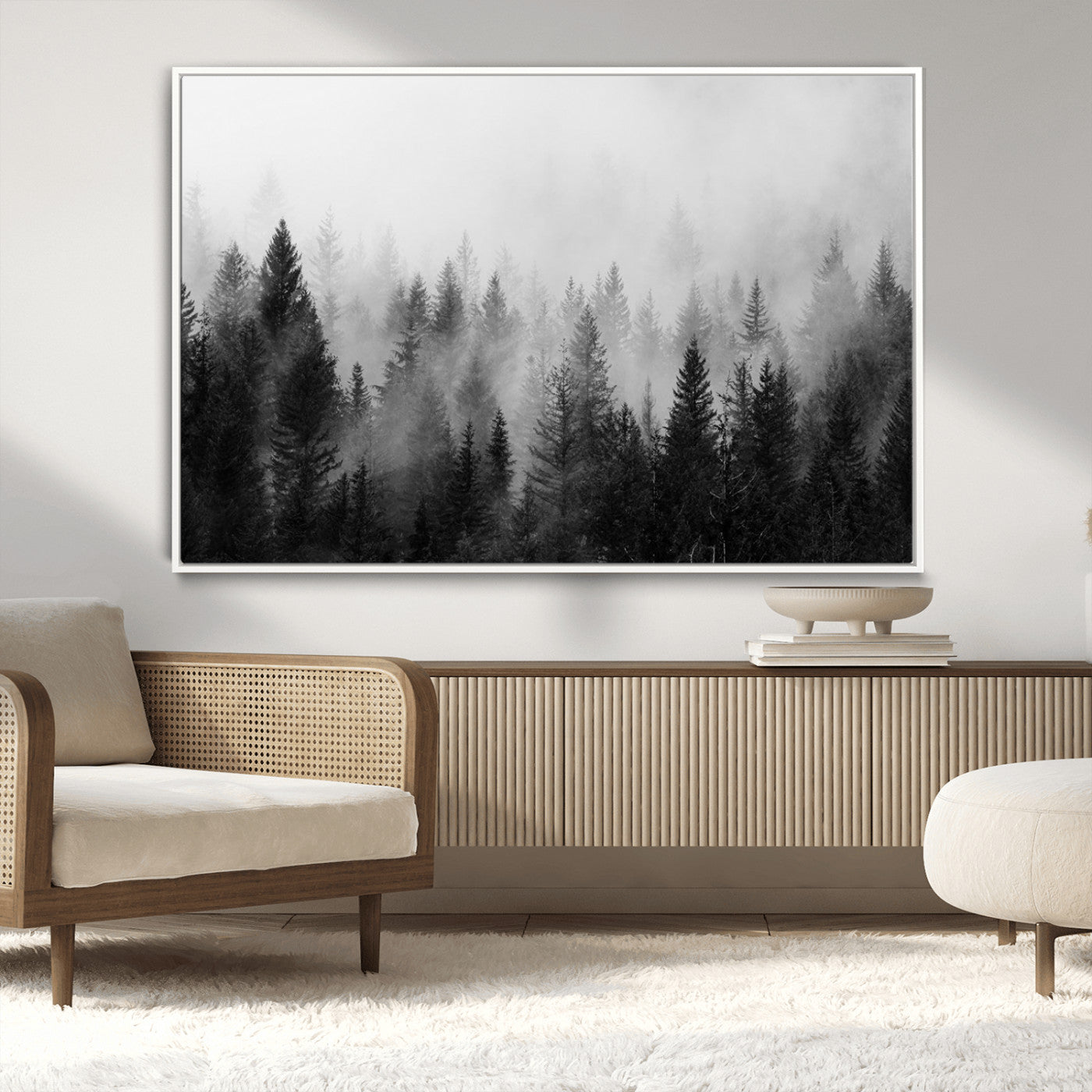 MGV-FC-36X24 - Foggy Black and White Forest Wall Art, 3 Panel Misty Pine Trees Canvas Print for Living Room, Office, or Bedroom, Nature-Inspired Woodland Wall Decor