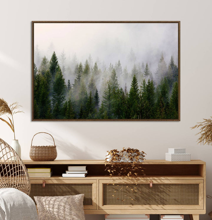 A serene, foggy evergreen forest creates a mysterious atmosphere, ideal for premium canvas wall art.